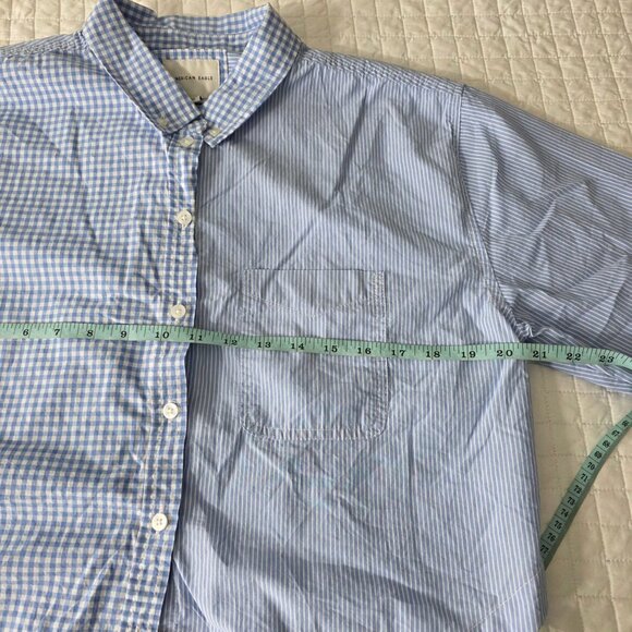 American Eagle Cropped Blue Gingham Button-Down Cotton Shirt Size M - Picture 8 of 8